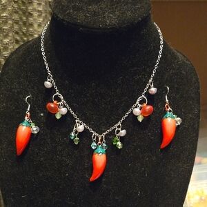 Hand Crafted Modern And Vintage Chili Pepper Necklace Set